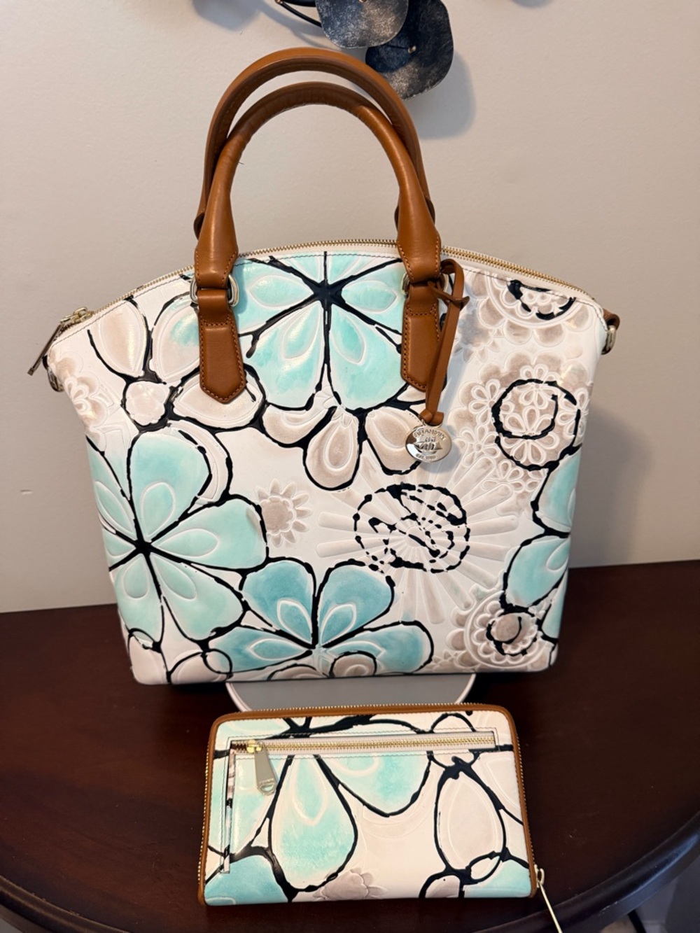 Brahmin  Floral Satchel Turquoise Kelson with Matching Suri wallet